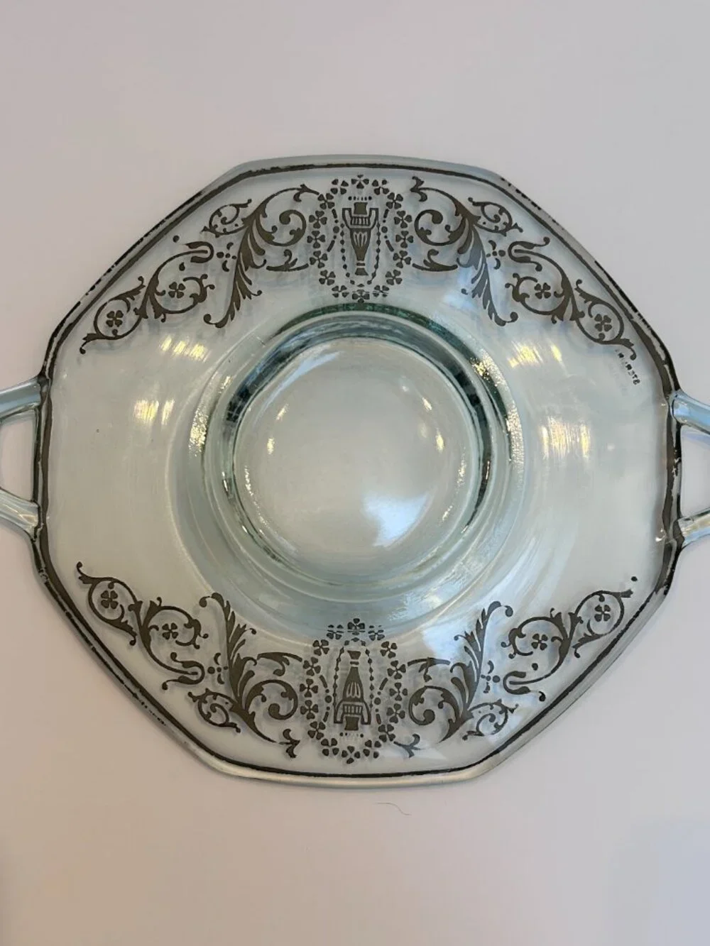 Vintage Green Fostoria Glass Tray with Handles and Sterling Silver Filigree Deta